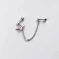 Titanium steel heart earrings with pink zircon, angel wings, and chain for double piercing - Pink Heart Wing Double Piercing Chain Style (A010-4#)