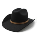 Classic black wool fedora cowboy hat with wide brim and brown leather band detail - M (56-58cm) / Black