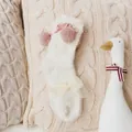 Calcetines dulces de lana de conejo blanca con lazos rosas y pompones de peluche - Talla única / Blanco