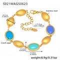 Golden stainless steel chain anklet featuring a bright blue Czech opal pendant charm - Gold Blue Opal Style (S021) / 17+5cm