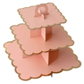 Three-tier pink paper cupcake stand with golden scalloped edges for party desserts - 3-Tier Square Scalloped Edge Pink (Gold Edge)