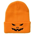 Orange Halloween knit beanie with spooky pumpkin face embroidery for winter sports - Orange Weird Pumpkin Expression Style (橙色-B)