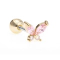 Golden butterfly stud earring with pink marquise zircon and screw ball back closure - Pink/Gold/Small