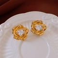 Golden flower cluster stud earrings with sparkling clear cubic zirconia stones - Rose Zircon / Gold
