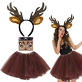 Cute reindeer headband set with brown tutu skirt and face stickers for Christmas party - Large Antlers 2 3Pcs Set