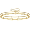 Double-layer gold paperclip and bead chain bracelet with adjustable lobster clasp - Gold