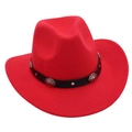 Close-up of red felt cowboy hat with black leather band and silver metal conchos - Woven Band Style / Red