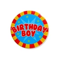 Round Birthday Boy tinplate badge with red circus style font and yellow stars - Birthday Boy (Red) / 58mm