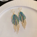 Elegant gold fan-shaped earrings with blue green crystals and long metallic tassels - Green Blue Ear Hook Style (12)