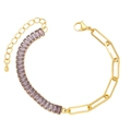 Gold chain bracelet with rectangle purple zircons and paperclip links on white background - Purple