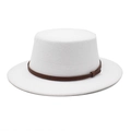 Chapeau canotier blanc en laine pour femme avec ruban en cuir gaufré marron et bord plat - M (56-58cm) / Blanc
