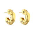 Close-up of golden C-shaped hoop earrings with colorful inlaid micro zircon gemstones - Gold C-shape Multi-color Zirconia