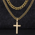 Gold stainless steel cross pendant necklace with double layer Cuban link and twist chain - 23C10128-Gold Set