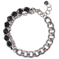 Macro detail of men's stainless steel Cuban chain and double-layered tiger eye beads - Obsidian Bracelet