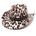 Cappello da cowboy leopardato in ecopelliccia con perle turchesi e fibbia in metallo argento - M (56-58cm) / Testa Piatta Beige
