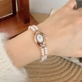Elegante roségoldene ovale Uhr mit zweireihigem weißem Perlenarmband für Damen - Roségoldgehäuse Weißes Zifferblatt
