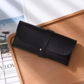 Chic black litchi pattern leather eyewear bag with wrap-around strap and golden metal button - Black Glasses Case