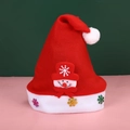 Red plush Santa hat for adults with a snowman ornament and colorful snowflake patterns - 3-Applique Cartoon Snowman Hat No Light