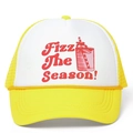 Yellow and white trucker hat featuring Fizz The Season print and breathable mesh back - Yellow
