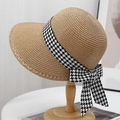 Chapeau de soleil en paille pour femme avec large bord, ruban pied-de-poule et nœud chic - Kaki