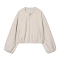 Oatmeal color cropped bomber jacket with soft knitted texture and silver front zipper - XS / White