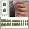 Detail view of 24 pieces olive green matte press-on nails with flat lay and worn effect - Matte Olive Green (DFYM-26)