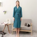 Dark green waffle robe with V-neck and belt for women in a cozy home setting - Dark Green (Women)
