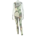 Detail of slim-fit backless jumpsuit featuring green and brown geometric swirl prints - S / Brown Green