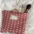 Pink pleated chiffon makeup bag with white dots and Pleasant Time label for travel storage - Makeup Bag/Large / Pink Polka Dot Makeup Bag