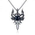 Retro stainless steel dragon sword necklace with a black round gemstone pendant - Black + Stainless Steel Chain