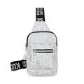 White crossbody chest bag with silver letter print and decorative nylon shoulder strap - White