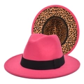 Fuchsia wool wide-brim fedora hat with elegant ribbon and leopard print lining - M (56-58cm) / Rose Red