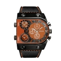 Oulm multi-timezone quartz watch featuring an orange dial and black leather strap - Leather Orange