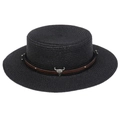 Black straw sun hat featuring a brown leather band and silver bull head metal buckle - Cow Skull Studded Belt Style (298M)