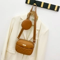 Brown quilted crossbody bag with matching round coin purse on a wide shoulder strap - Brown