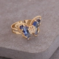 Détails de la bague papillon en or 18 carats avec cristal bleu dégradé et petits diamants - Ouvert Réglable / Bleu foncé