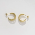 Macro detail of 18K gold plated twisted rope earrings in C-shape design with butterfly back - Double Layer Twined Small Hoops