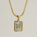 Golden square shell necklace with a polished letter N pendant on a sleek snake chain - Letter N
