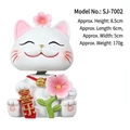 White resin lucky cat ornament with pink cherry blossoms and Xile banner - 7002-Cherry Blossom Cat Joy