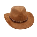 Brown faux suede western cowboy hat featuring a red braided band and gold feather detail - One Size / Khaki