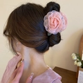 Elegant pink fabric rose hair claw clip for women in a natural hair styling look - Hair Claw (28) / Pink