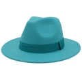 Detailed macro shot of blue wool cashmere fedora with ribbon trim and felt texture - Lake Blue