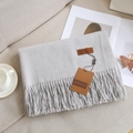 Soft light grey faux cashmere scarf with fringe and leather brand label on sofa - 29# Light Gray