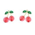 Detailed macro view of cherry charm pendants with red resin and green enamel leaves - Rose Red