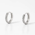 Close-up of vintage silver stainless steel hoop earrings with double-row crystal pave - Silver