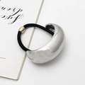 Minimalist silver curved metal ponytail cuff with golden bead accent and black band - A0057A / Silver