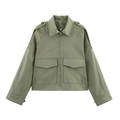Chaqueta corta estilo gabardina verde militar para mujer en algodón sarga con solapa larga - S / Verde Militar