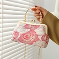 Pink and white rose jacquard cheongsam evening bag with gold floral handle and chain - Simple Gold Thread Rose / Red