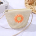 Creamy white straw woven shoulder bag for girls featuring a sunflower embroidery detail - 11*14*6 / Shell Bag Orange Daisy / White