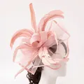 Detail of pink feather fascinator hat with mesh net and ribbon layers on a mannequin - Pink